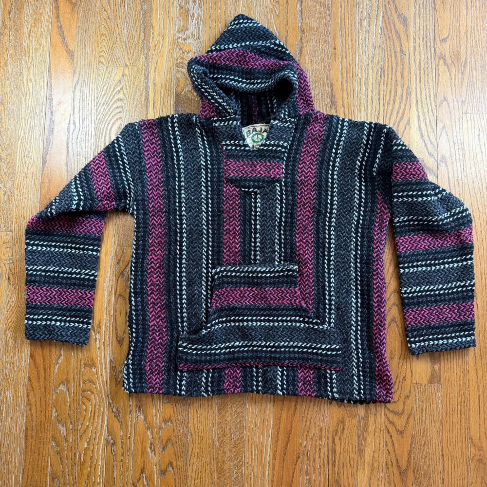 Baja Joe Men Small Pink Black Striped Drug Rug Hoodie Pullover Mexican Poncho